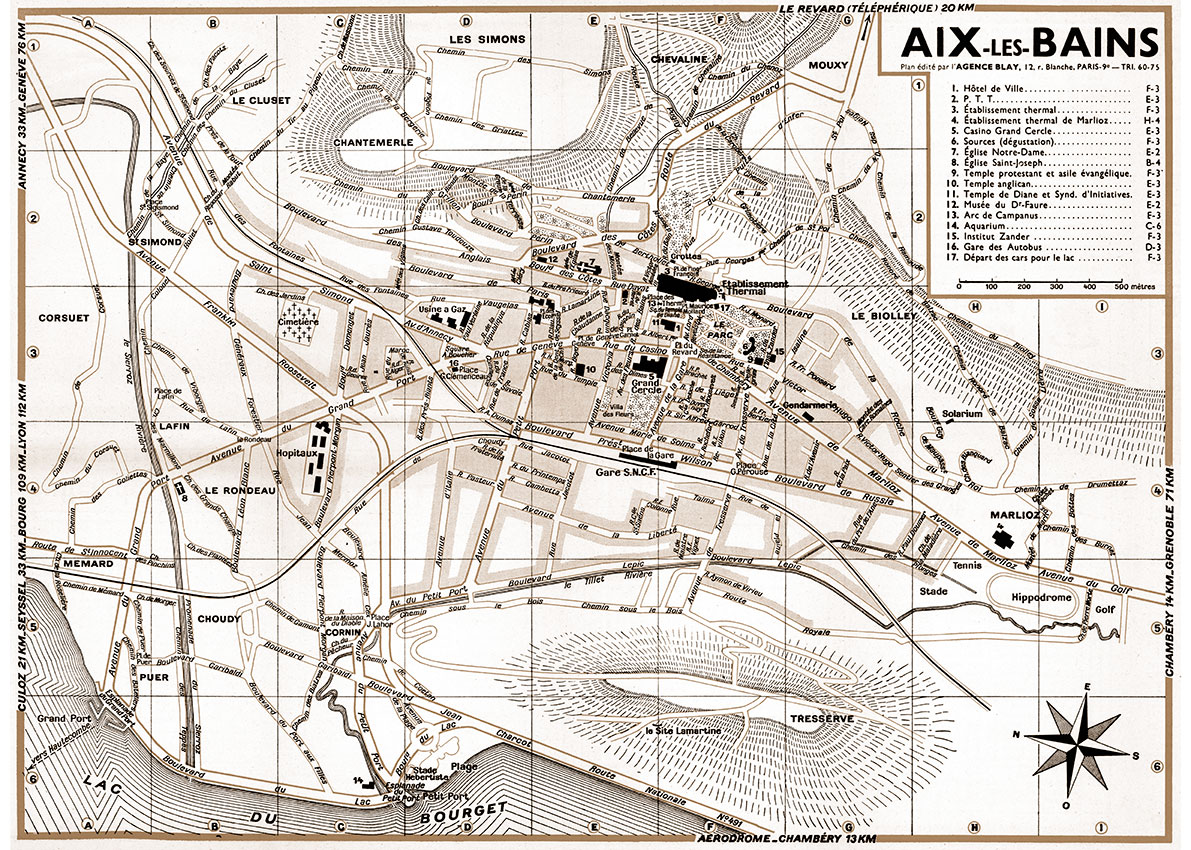 plan de ville vintage d'Aix-les-Bains sépia Blay Foldex