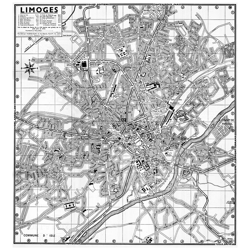 plan de ville vintage de Limoges noir et blanc Blay Foldex