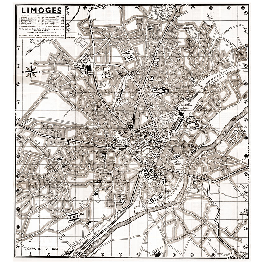 plan de ville vintage sépia de Limoges Blay Foldex
