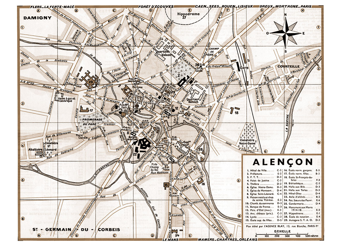 ALENCON_VL_SEP plan de ville vintage sépia d'Alençon Blay Foldex