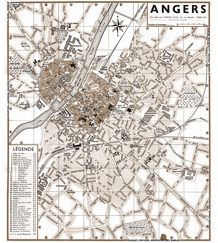 plan de ville vintage sépia d'Angers Blay Foldex