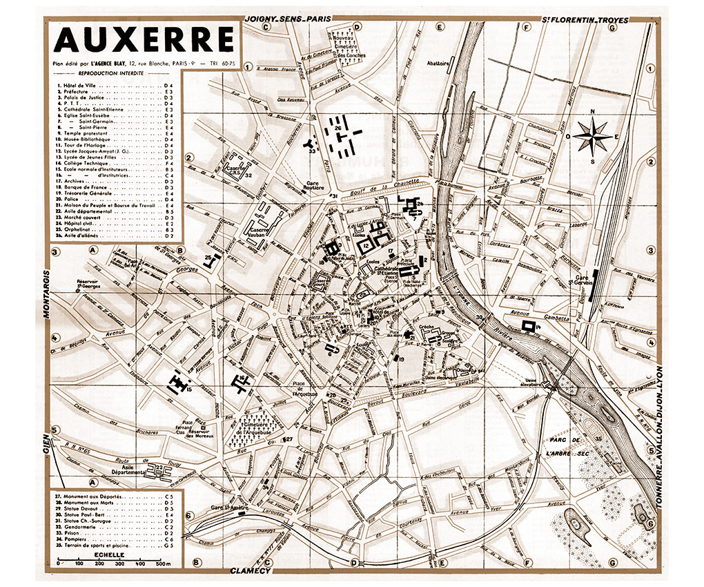plan de ville vintage sépia d'Auxerre Blay Foldex
