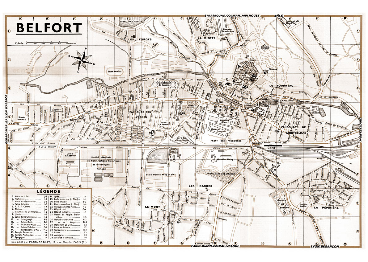 plan de ville vintage sépia de Belfort Blay Foldex