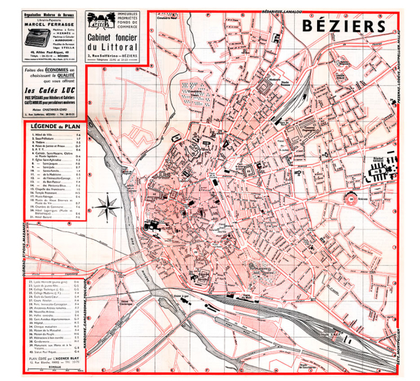 plan de ville vintage couleur de Béziers Blay Foldex