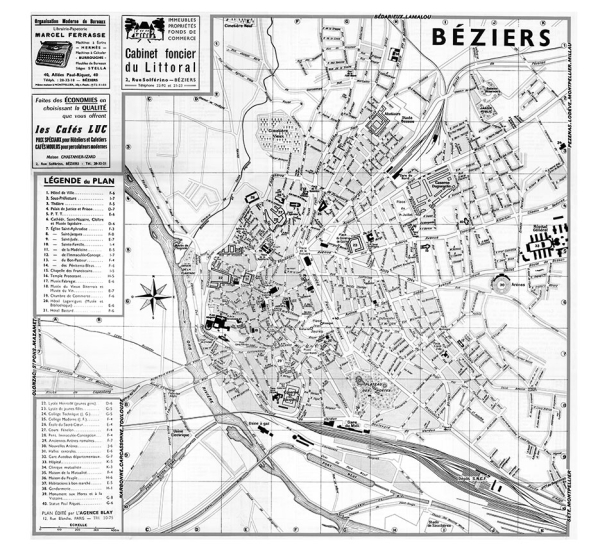 plan de ville vintage noir et blanc de Béziers Blay Foldex