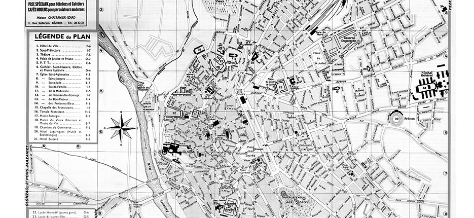 plan de ville vintage noir et blanc de Béziers Blay Foldex
