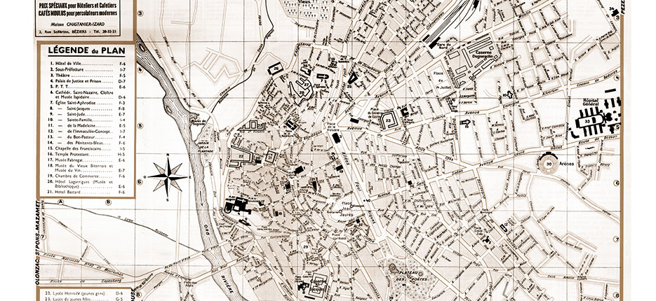 plan de ville vintage sépia de Béziers Blay Foldex
