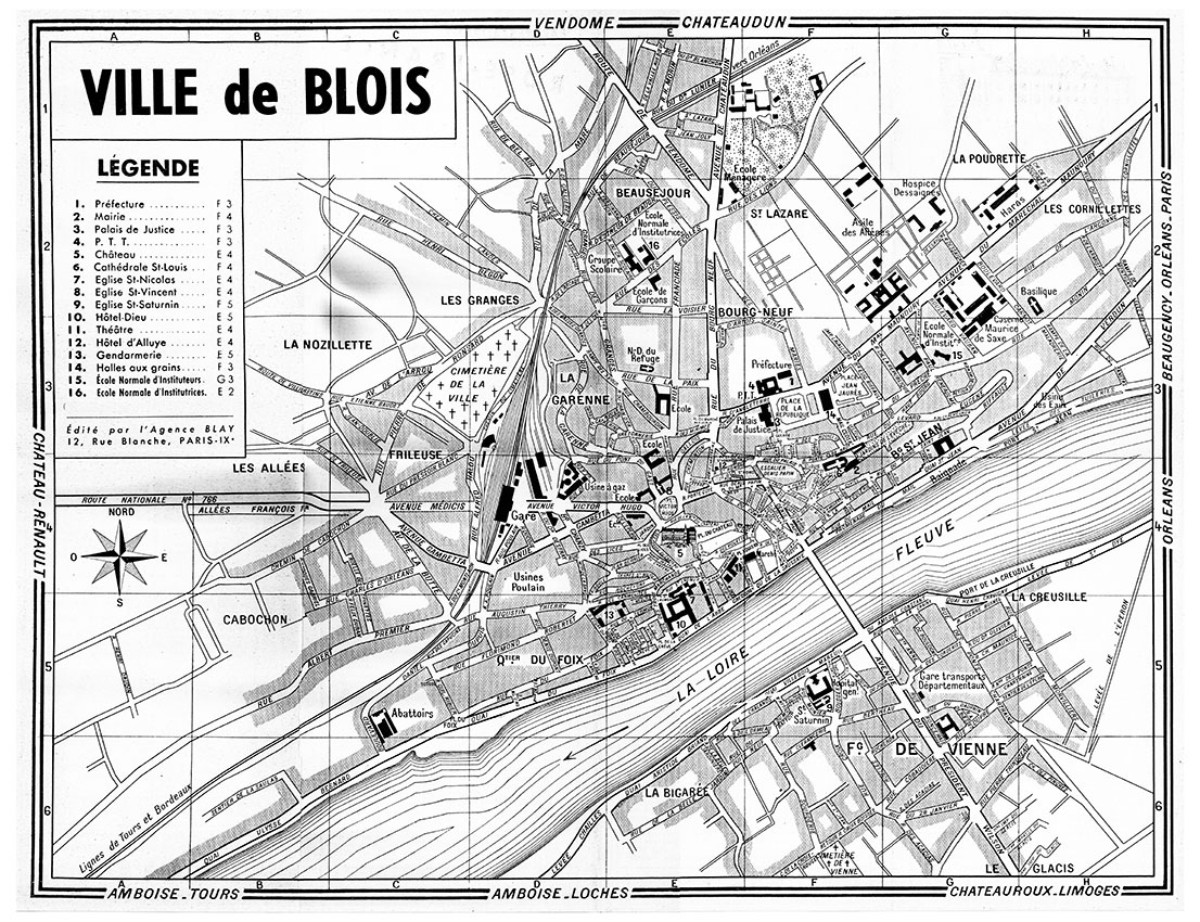 plan de ville vintage noir et blanc de Blois Blay Foldex