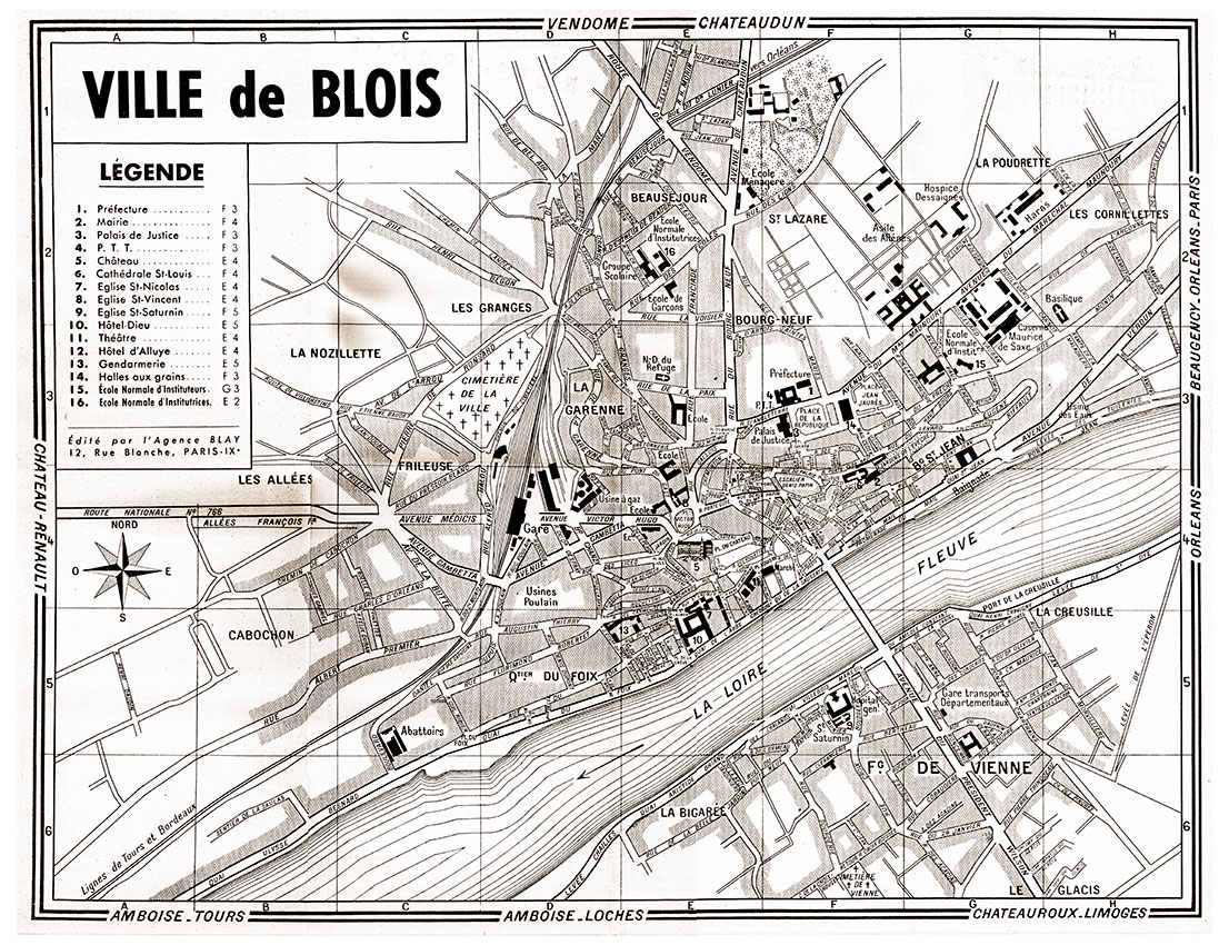 plan de ville vintage sépia de Blois Blay Foldex