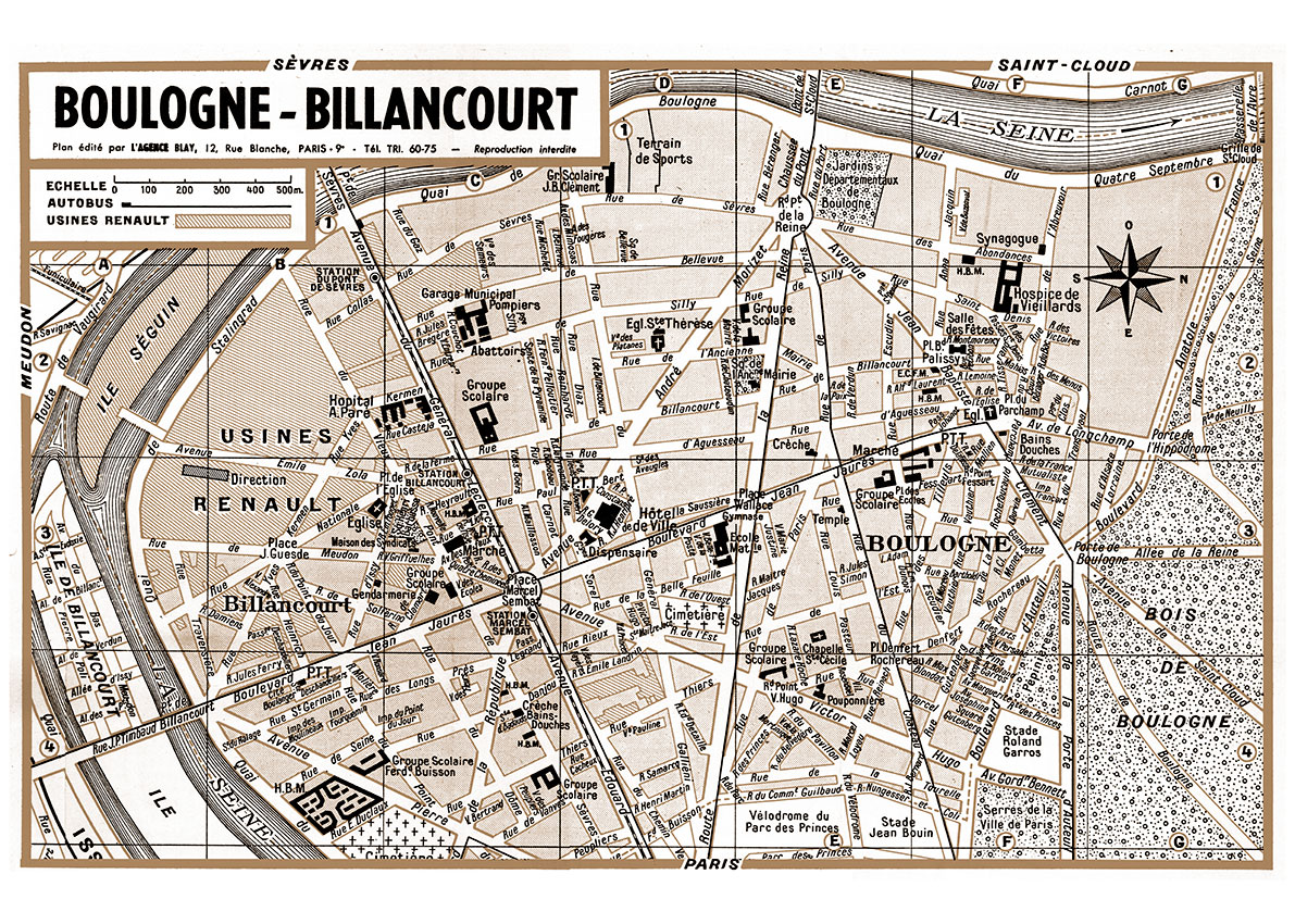 plan de ville vintage sépia de Boulogne-Billancourt Blay Foldex