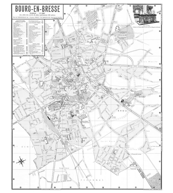 plan de ville vintage noir et blanc de Bourg-en-Bresse Blay Foldex