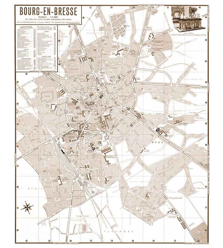 plan de ville vintage sépia de Bourg-en-Bresse Blay Foldex
