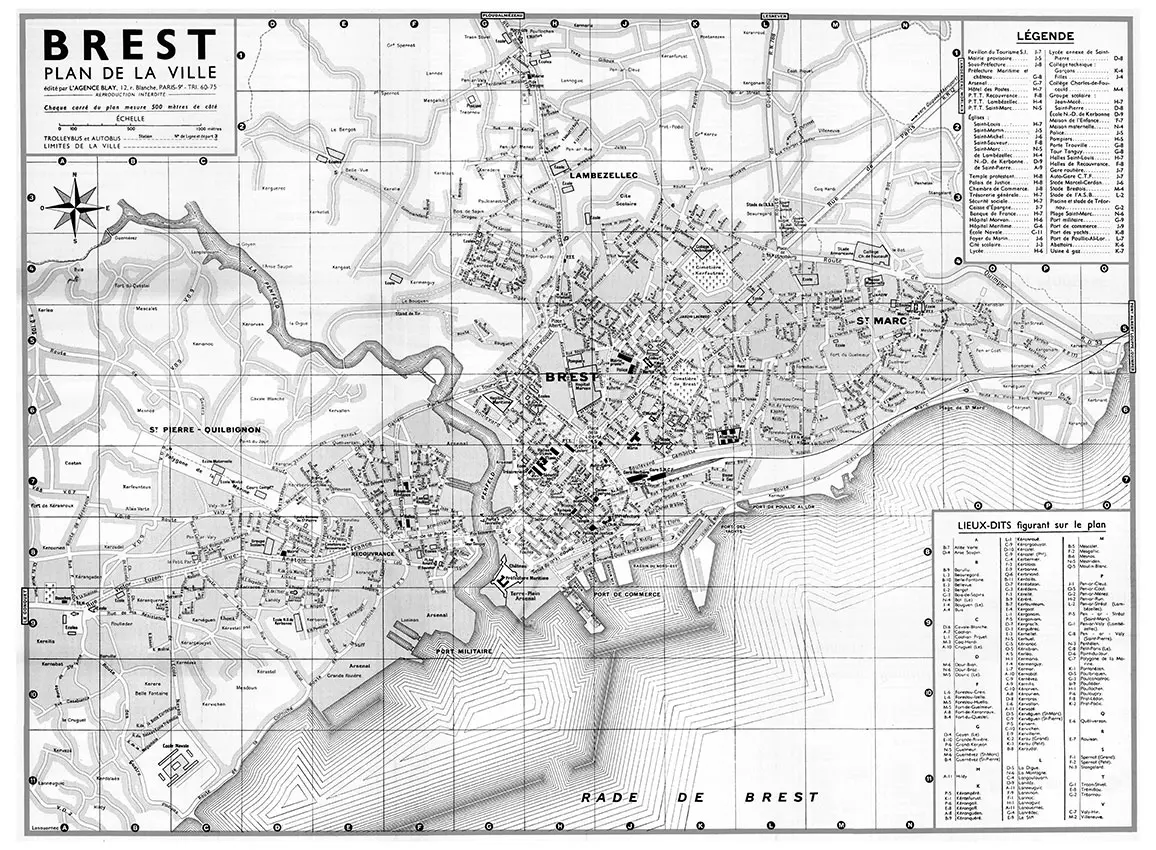 plan de ville vintage noir et blanc de Brest Blay Foldex