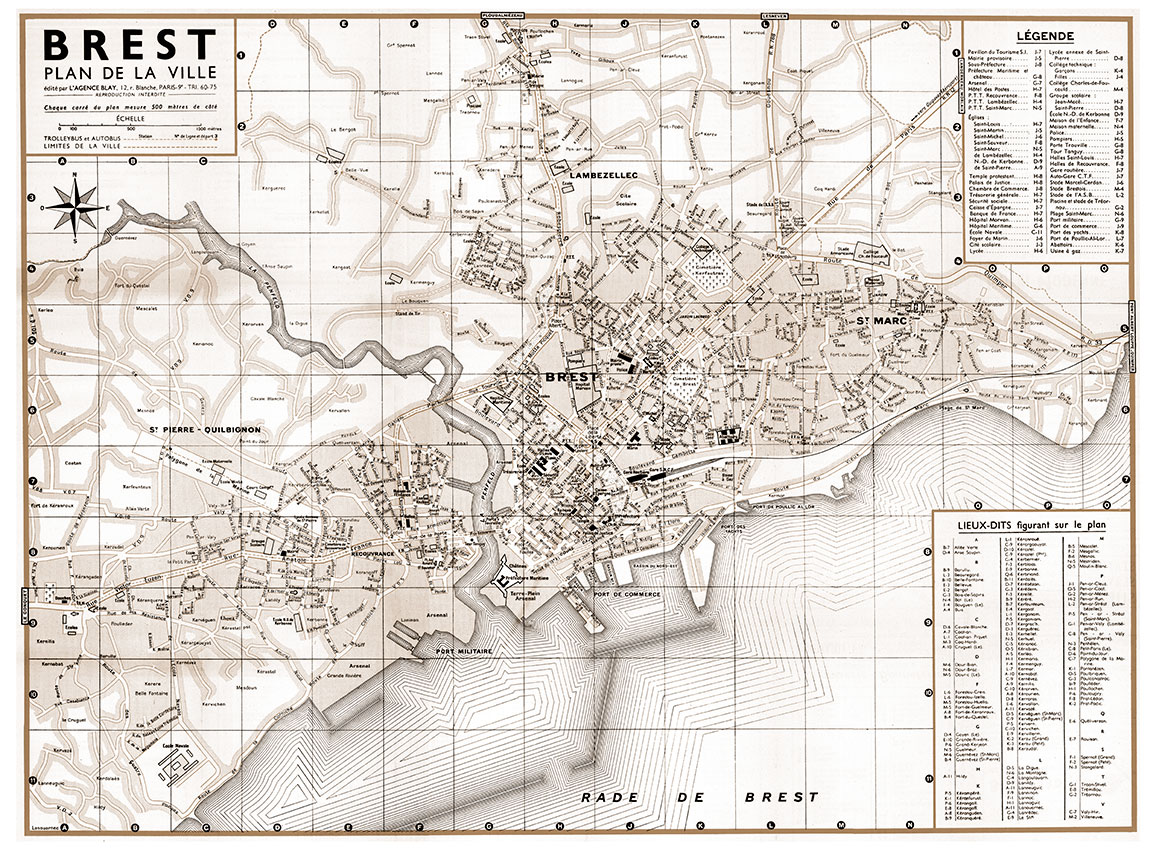 plan de ville vintage sépia de Brest Blay Foldex