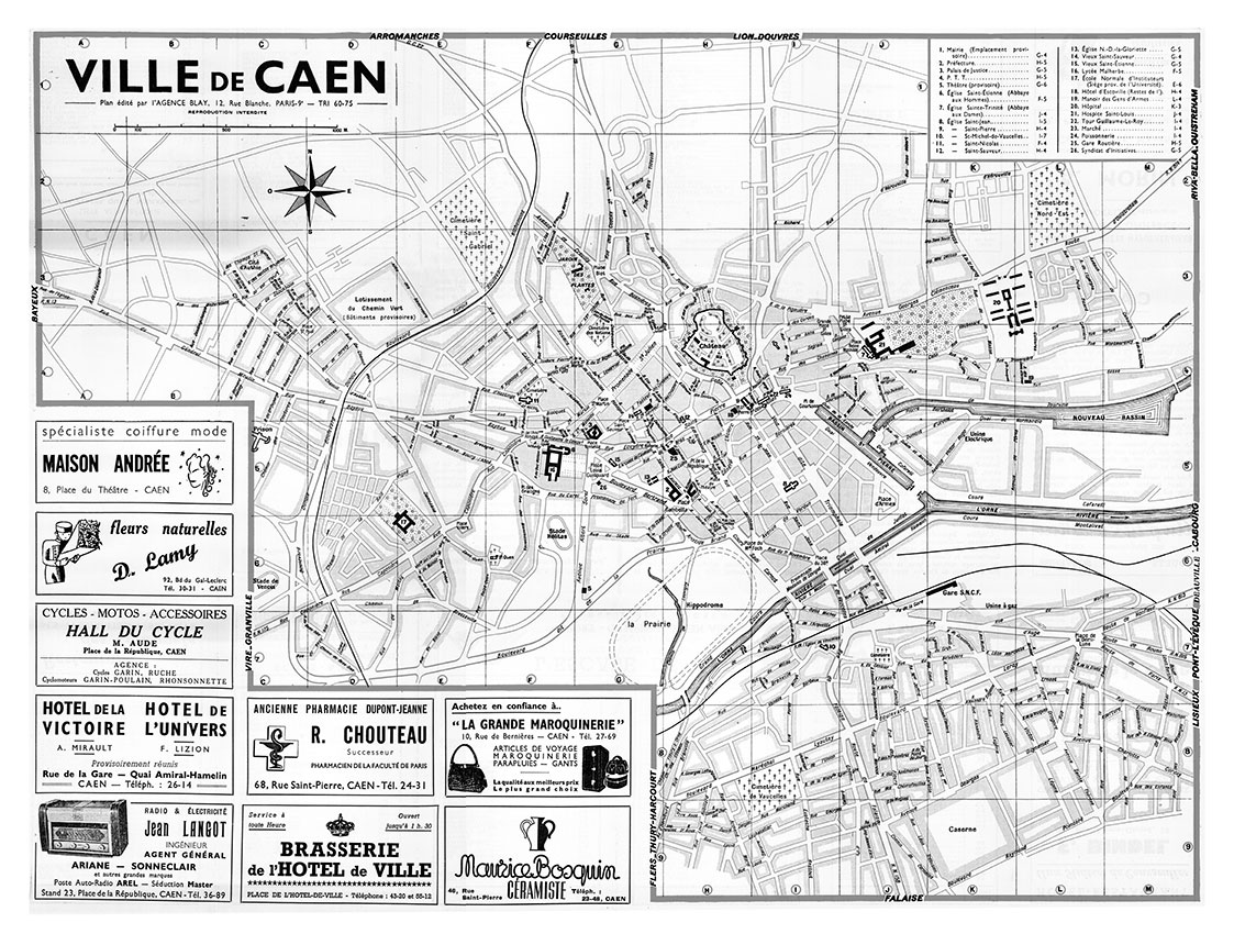 plan de ville vintage noir et blanc de Caen Blay Foldex