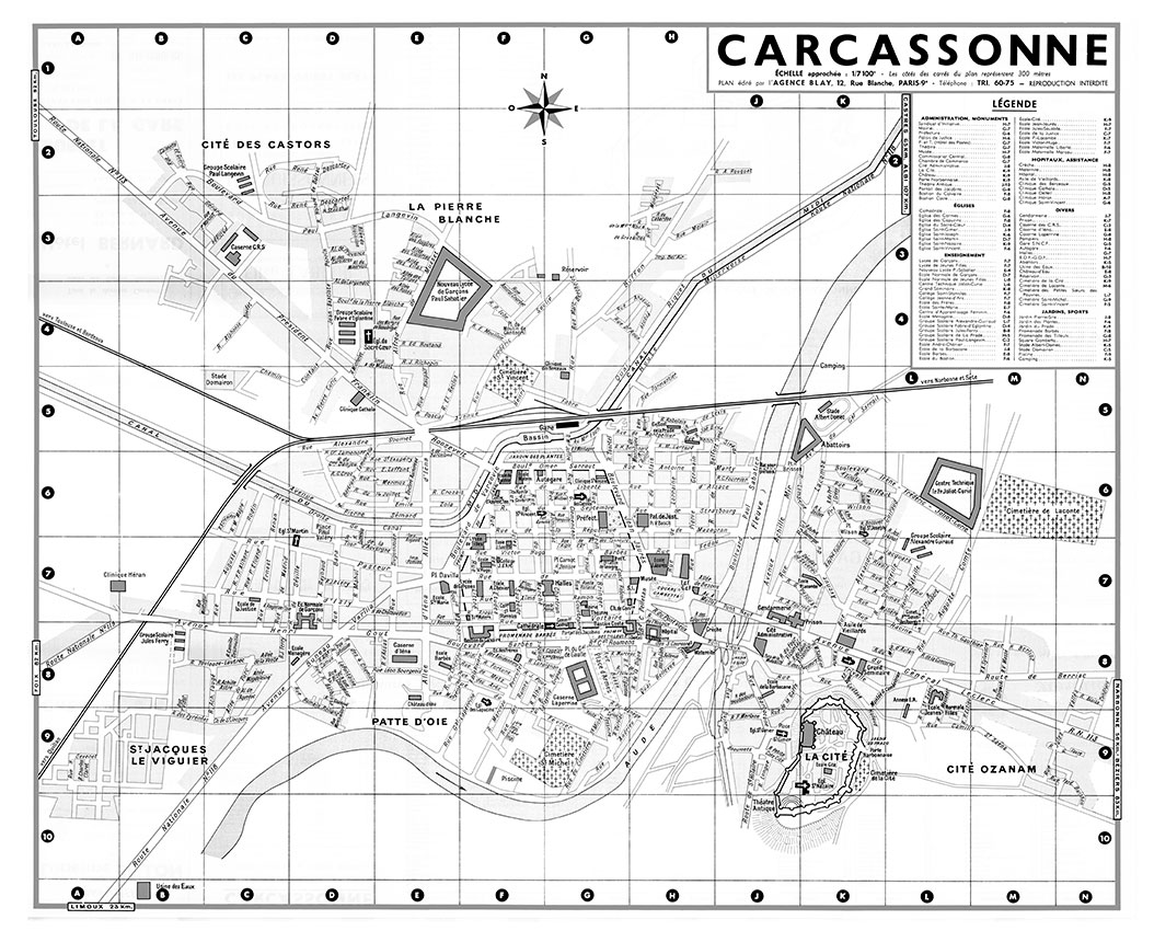 CARCASSONNE_VL_NB plan de ville vintage noir et blanc de Carcassonne Blay Foldex