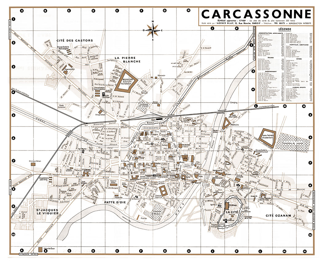 CARCASSONNE_VL_SEP plan de ville vintage sépia de Carcassonne Blay Foldex