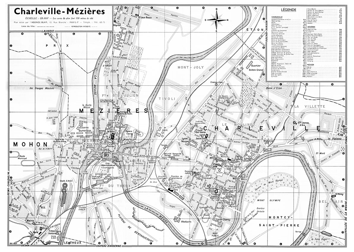 CHARLEVILLE-MEZIERES_VL_NB plan de ville vintage noir et blanc de Charleville-Mézières Blay Foldex