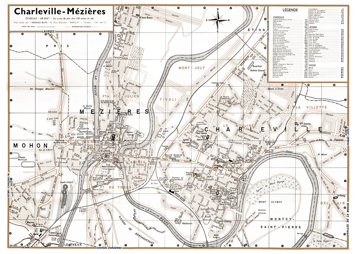 CHARLEVILLE-MEZIERES_VL_SEP plan de ville vintage sépia de Charleville-Mézières Blay Foldex