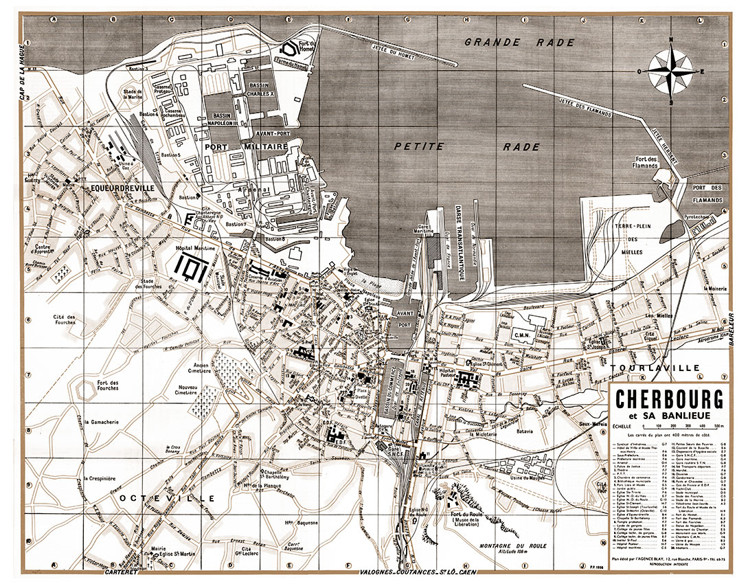 plan de ville vintage sépia de Cherbourg Blay Foldex