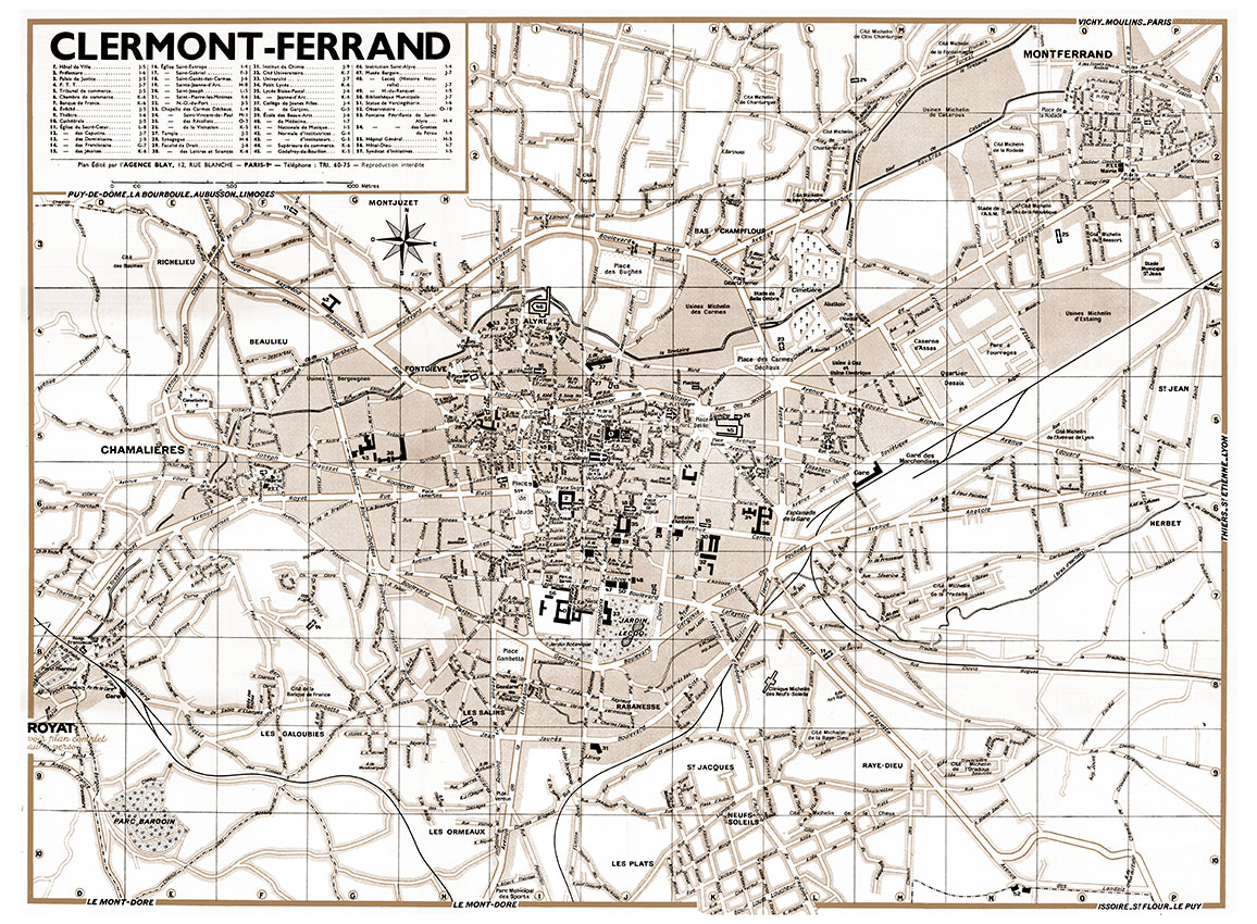 plan de ville vintage sépia de Clermont-Ferrand Blay Foldex