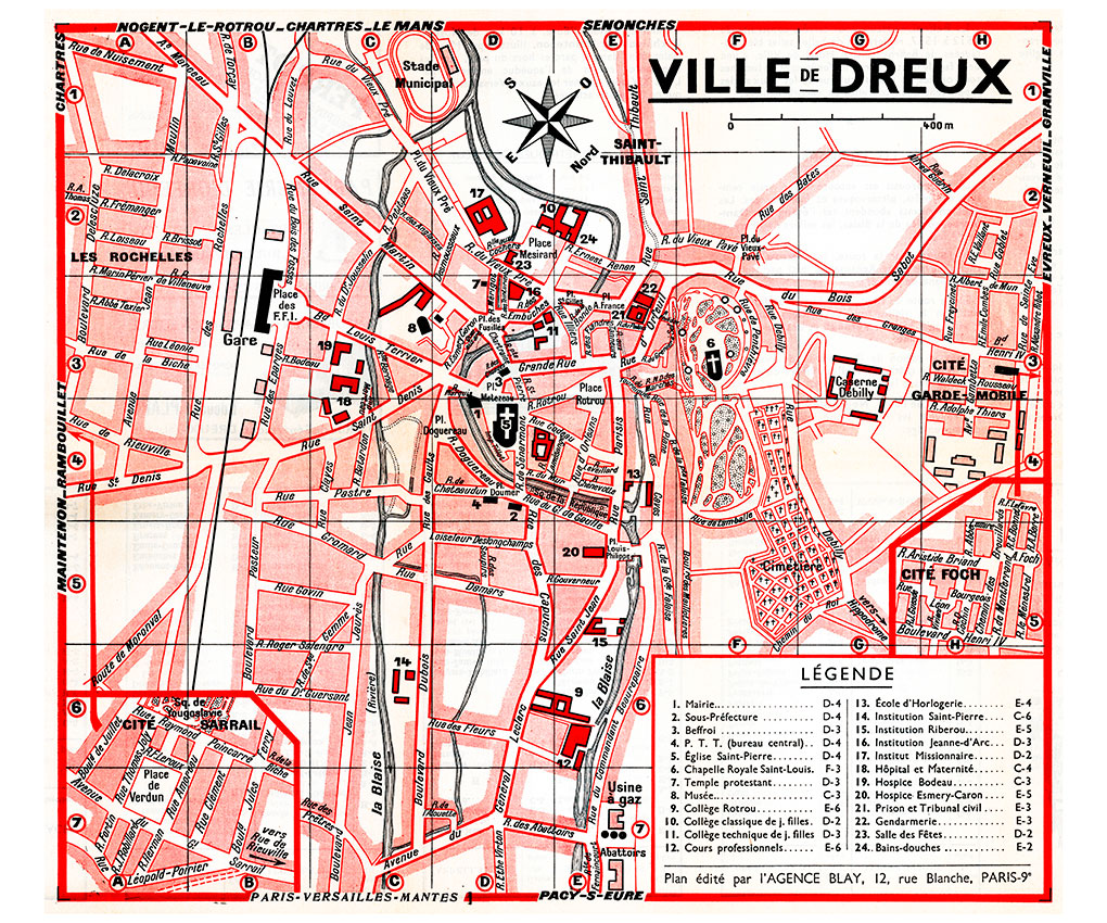 plan de ville vintage couleur de Dreux Blay Foldex