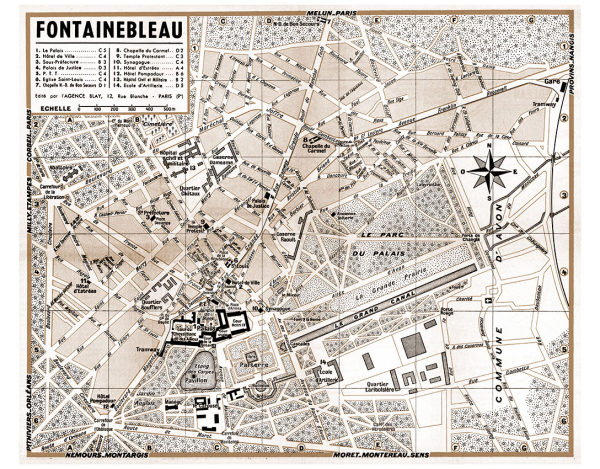 plan de ville vintage sépia de Fontainebleau Blay Foldex