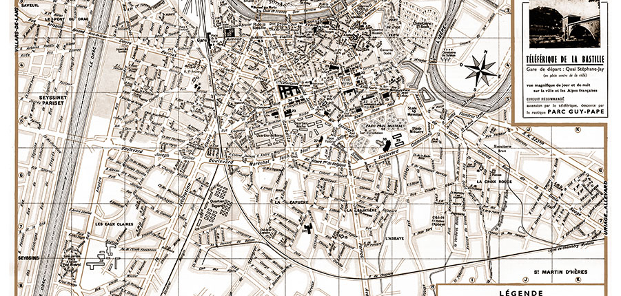 plan de ville vintage sépia de Grenoble Blay Foldex