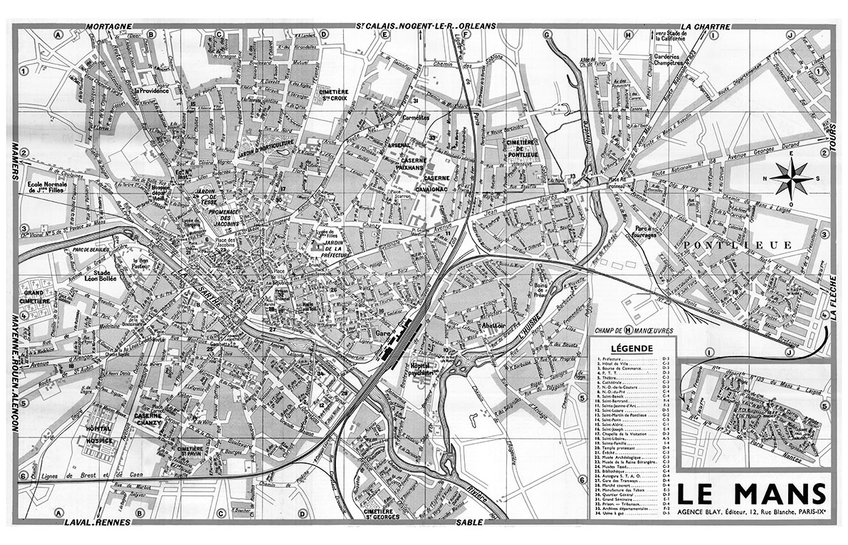 plan de ville vintage noir et blanc de Le Mans Blay Foldex