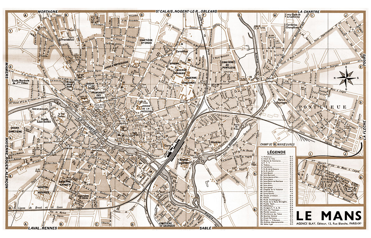 plan de ville vintage sépia de Le Mans Blay Foldex