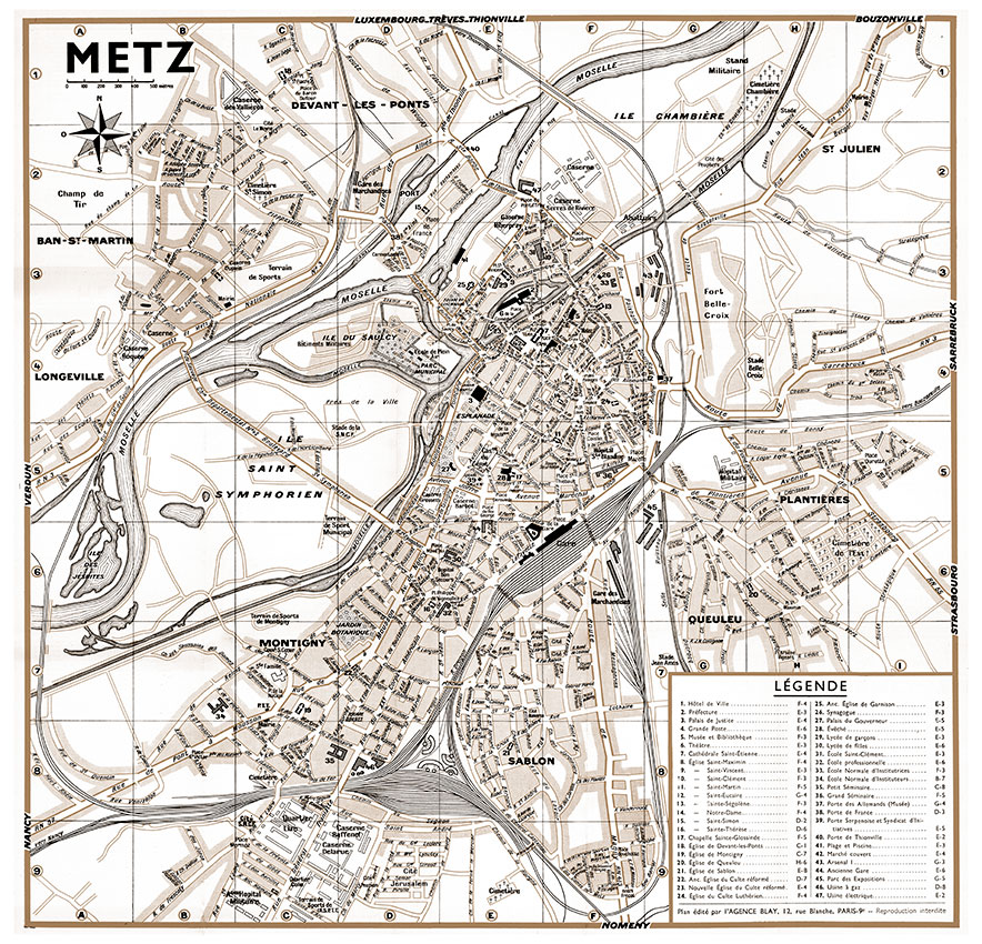 METZ_VL_SEP plan de ville vintage sépia de Metz Blay Foldex