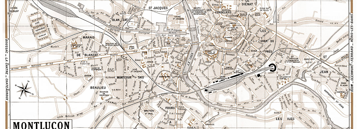 plan de ville vintage sépia de Montluçon Blay Foldex