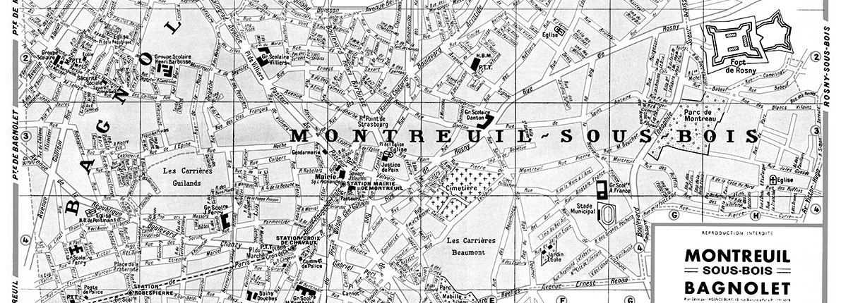 plan de ville vintage noir et blanc de Montreuil-sous-Bois et Bagnolet Blay Foldex