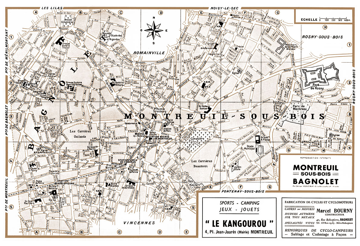 plan de ville vintage sépia de Montreuil-sous-Bois et Bagnolet Blay Foldex