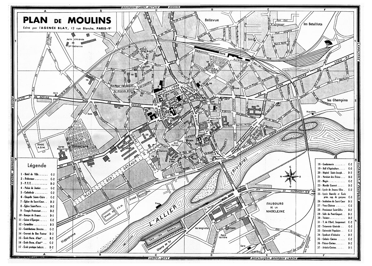 plan de ville vintage noir et blanc de Moulins Blay Foldex
