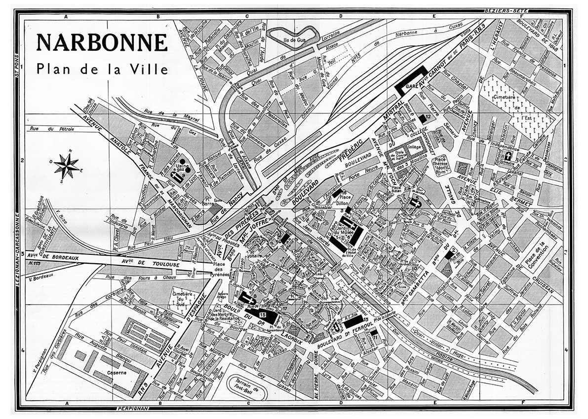plan de ville vintage noir et blanc de Narbonne Blay Foldex