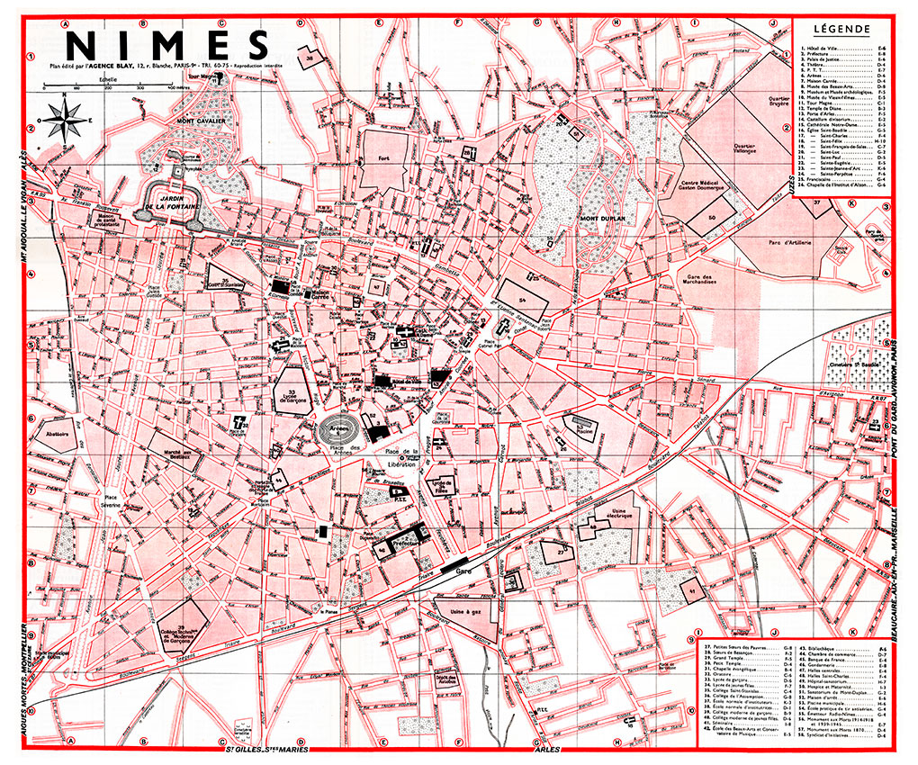 NIMES_VL_COUL plan de ville vintage couleur de Nîmes Blay Foldex