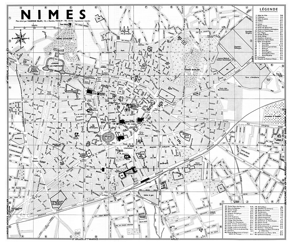 NIMES_VL_NB plan de ville vintage noir et blanc de Nîmes Blay Foldex