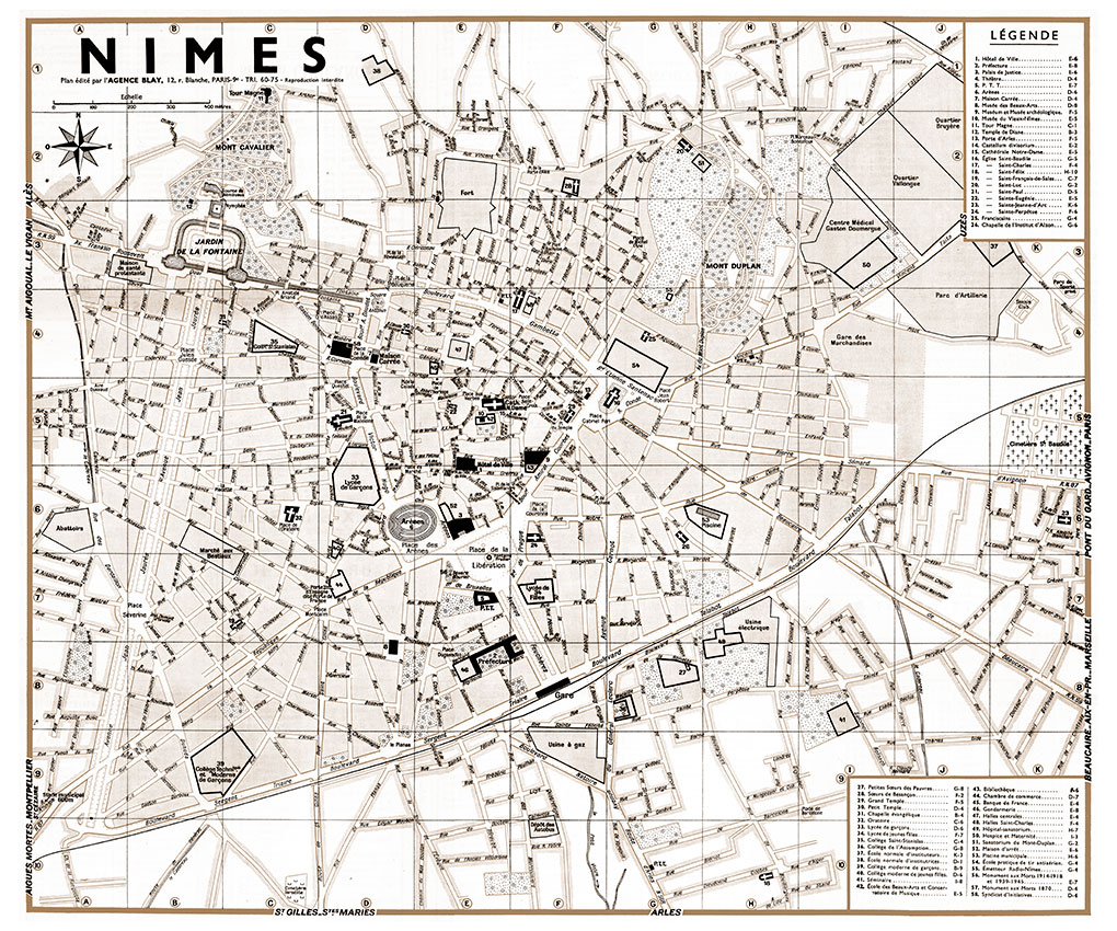 NIMES_VL_SEP plan de ville vintage sépia de Nîmes Blay Foldex
