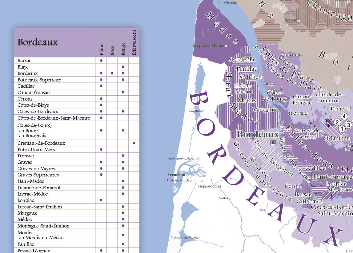 Carte des vins de France en couleur avec liste des AOC (2020) zoom 1