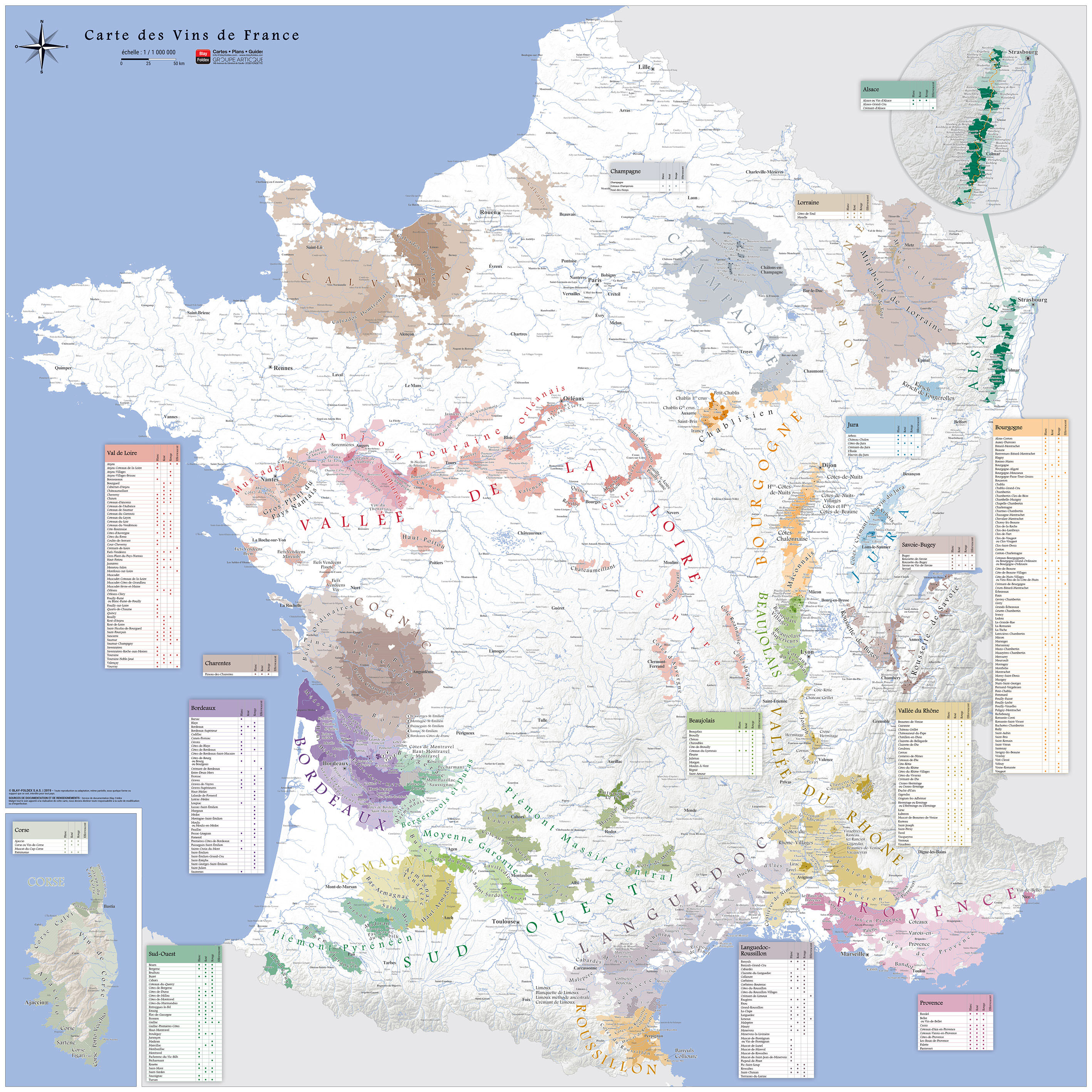 Carte des vins de France en couleur avec liste des AOC (2020)