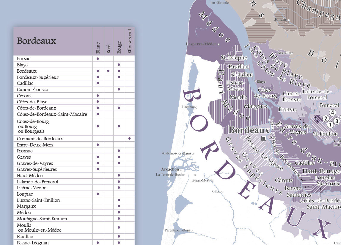 Carte des vins de France de style ancien avec liste des AOC (2020) zoom 1