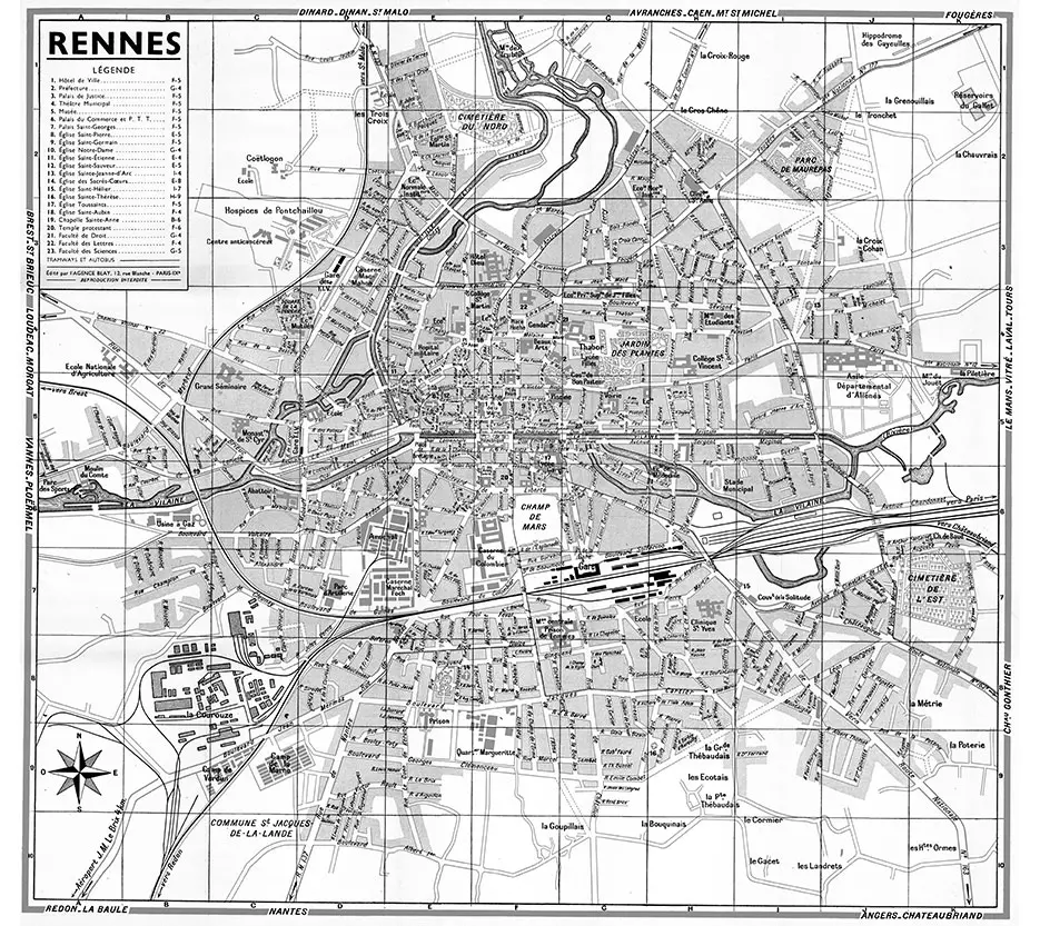 plan de ville vintage noir et blanc de Rennes Blay Foldex