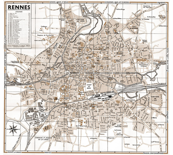 plan de ville vintage sépia de Rennes Blay Foldex