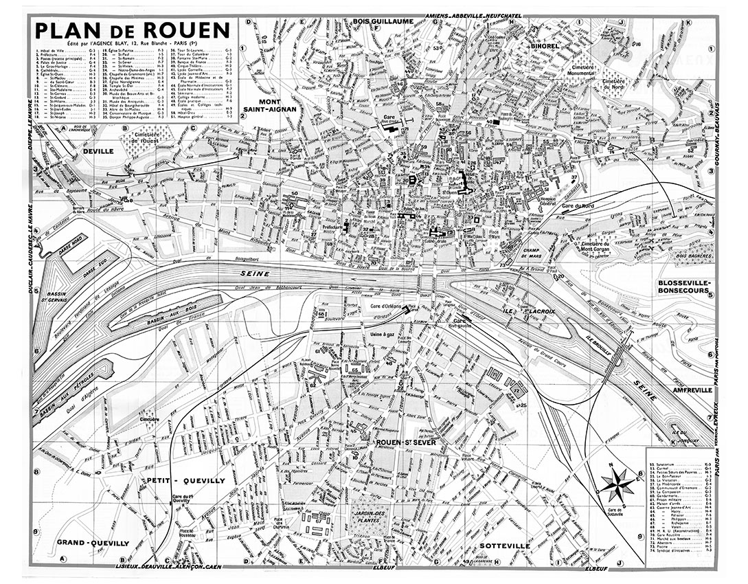 plan de ville vintage noir et blanc de Rouen Blay Foldex