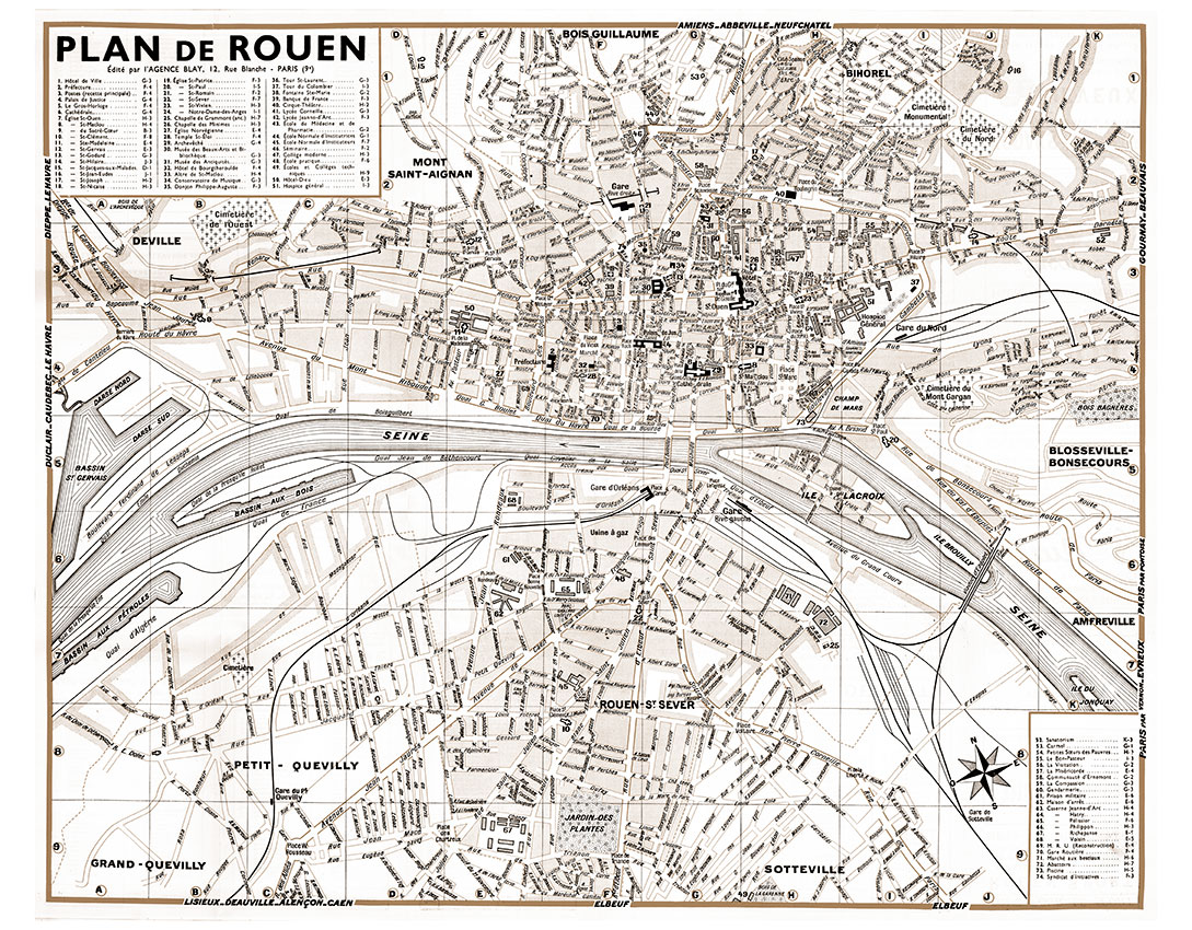 plan de ville vintage sépia de Rouen Blay Foldex