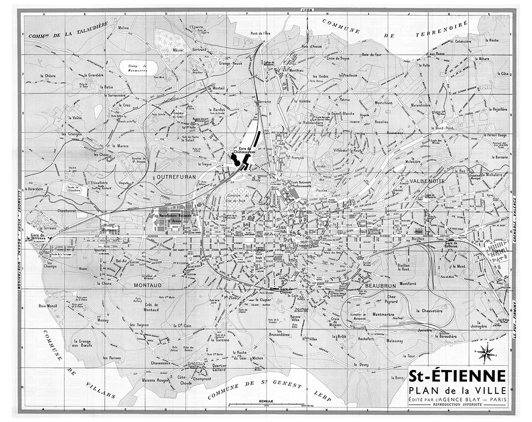 plan de ville vintage noir et blanc de Saint-Etienne Blay Foldex