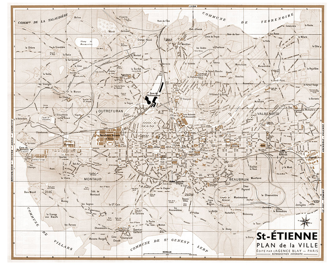 plan de ville vintage sépia de Saint-Etienne Blay Foldex