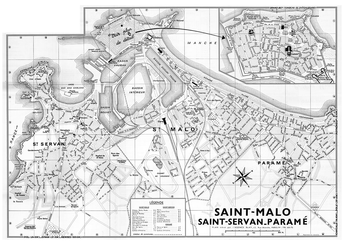 plan de ville vintage noir et blanc de Saint-Malo et Saint-Servan Blay Foldex