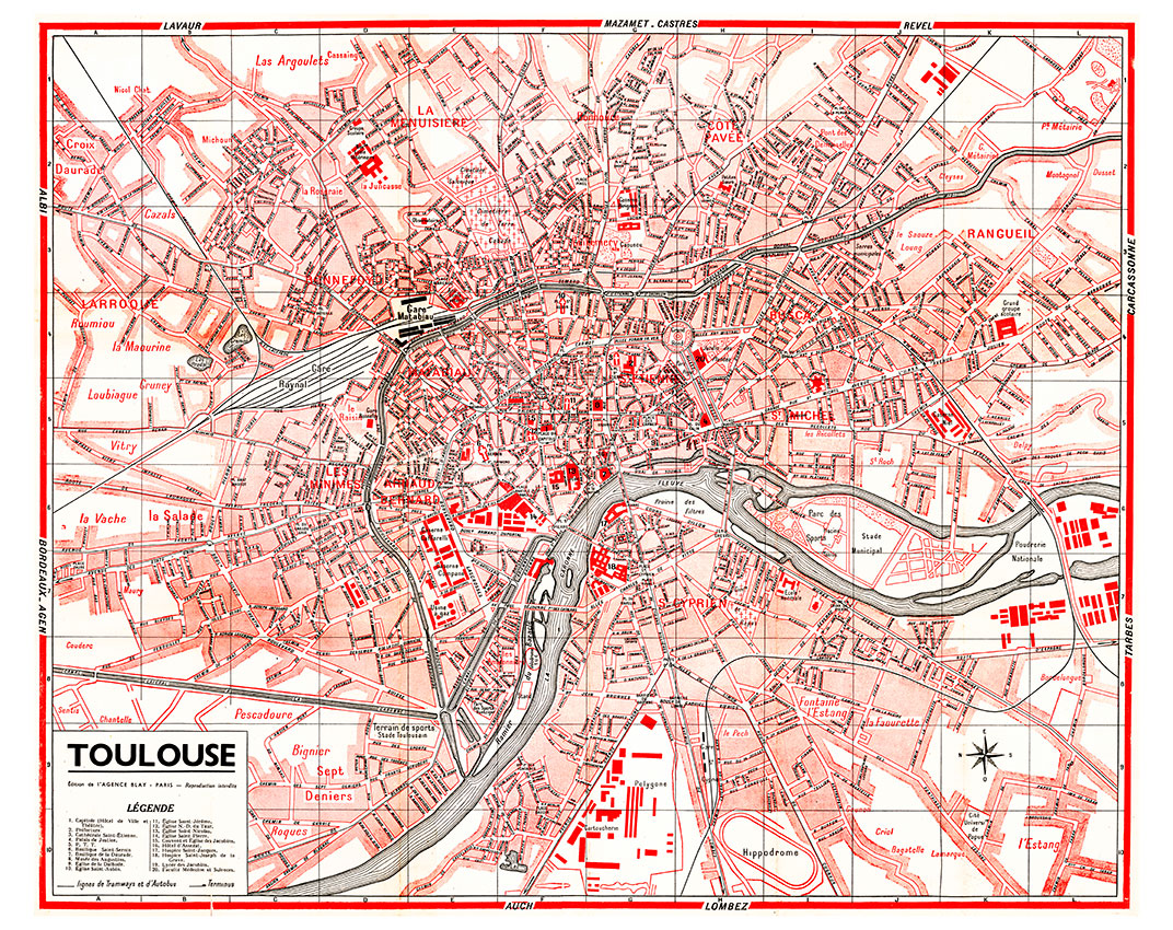 plan de ville vintage couleur de Toulouse Blay Foldex